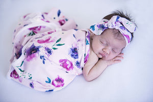 Snuggle Hunny Baby Jersey Wrap and Topknot Set - Floral Kiss