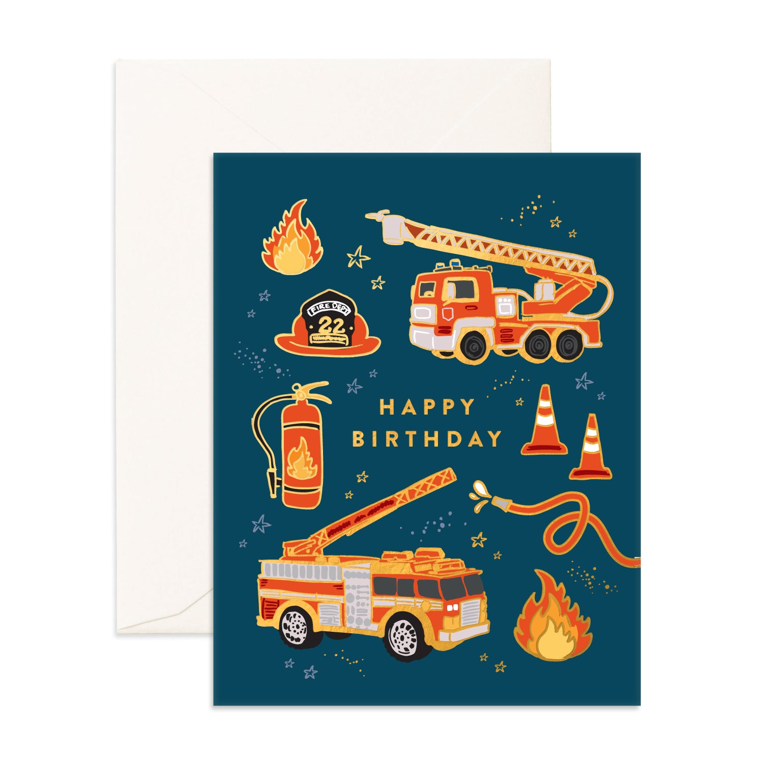 Fox and Fallow Greetings Card - Happy Birthday (Fire Trucks)