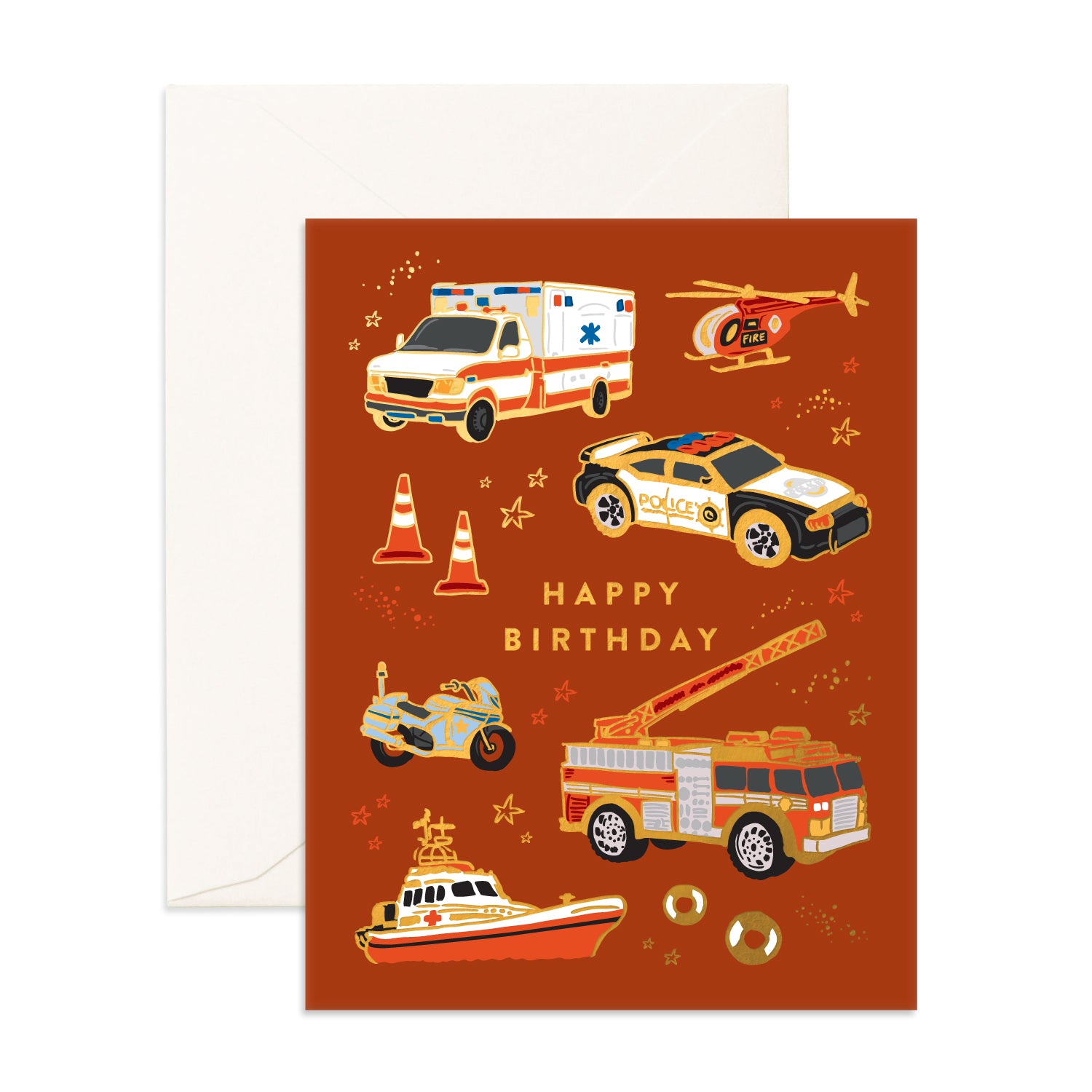 Fox and Fallow Greetings Card - Happy Birthday (Emergency Vehicles)