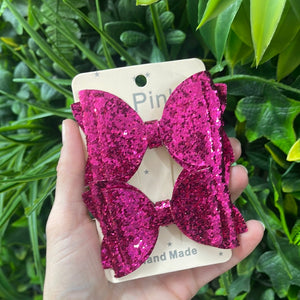 Glitter Bow Clips 2pc set - Bright Pink