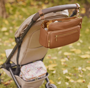 OiOi Multitasker Pram Caddy - Chestnut Brown Vegan Leather