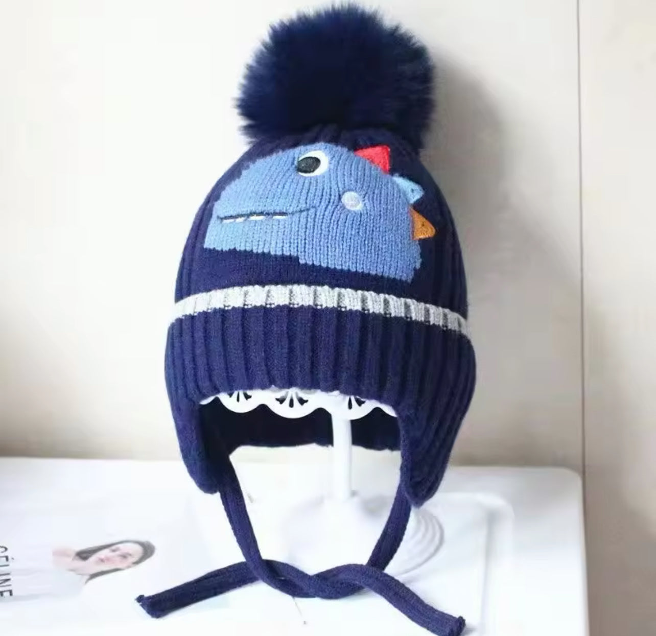 Dino Beanie with chin strap - Navy