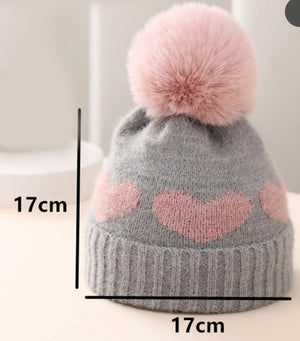 Kids Beanie - Grey and pink hearts and pom pom