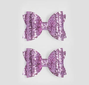 Glitter Bow Clips 2pc set - Lilac