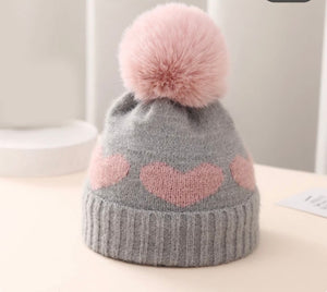 Kids Beanie - Grey and pink hearts and pom pom