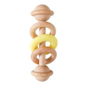 Wooden/Silicone 3 Ring Ratte - Yellow