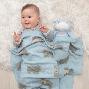 100% Cotton Knit Baby Blanket - Hippo