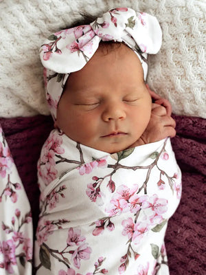 Snuggle Hunny Baby Jersey Wrap and Topknot Set - Cherry Blossom