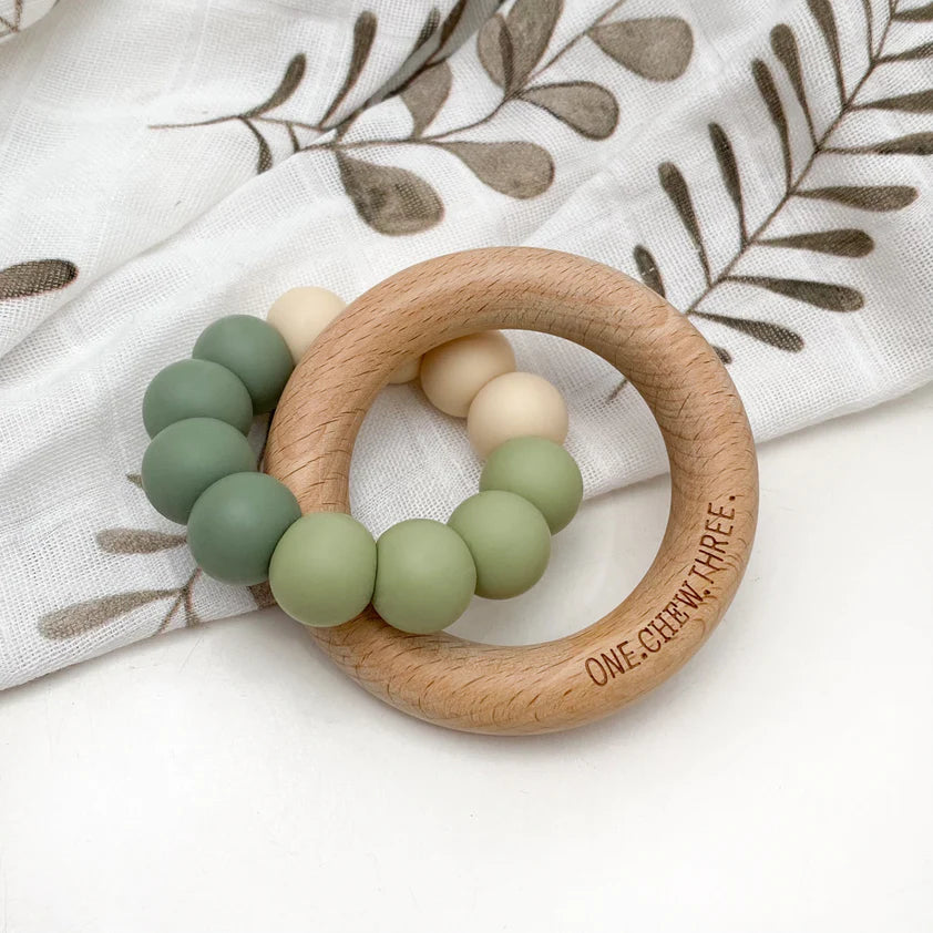 One Chew Three Duo Silicone and Beech Wood Teether (Ombre) - Olive Ombre