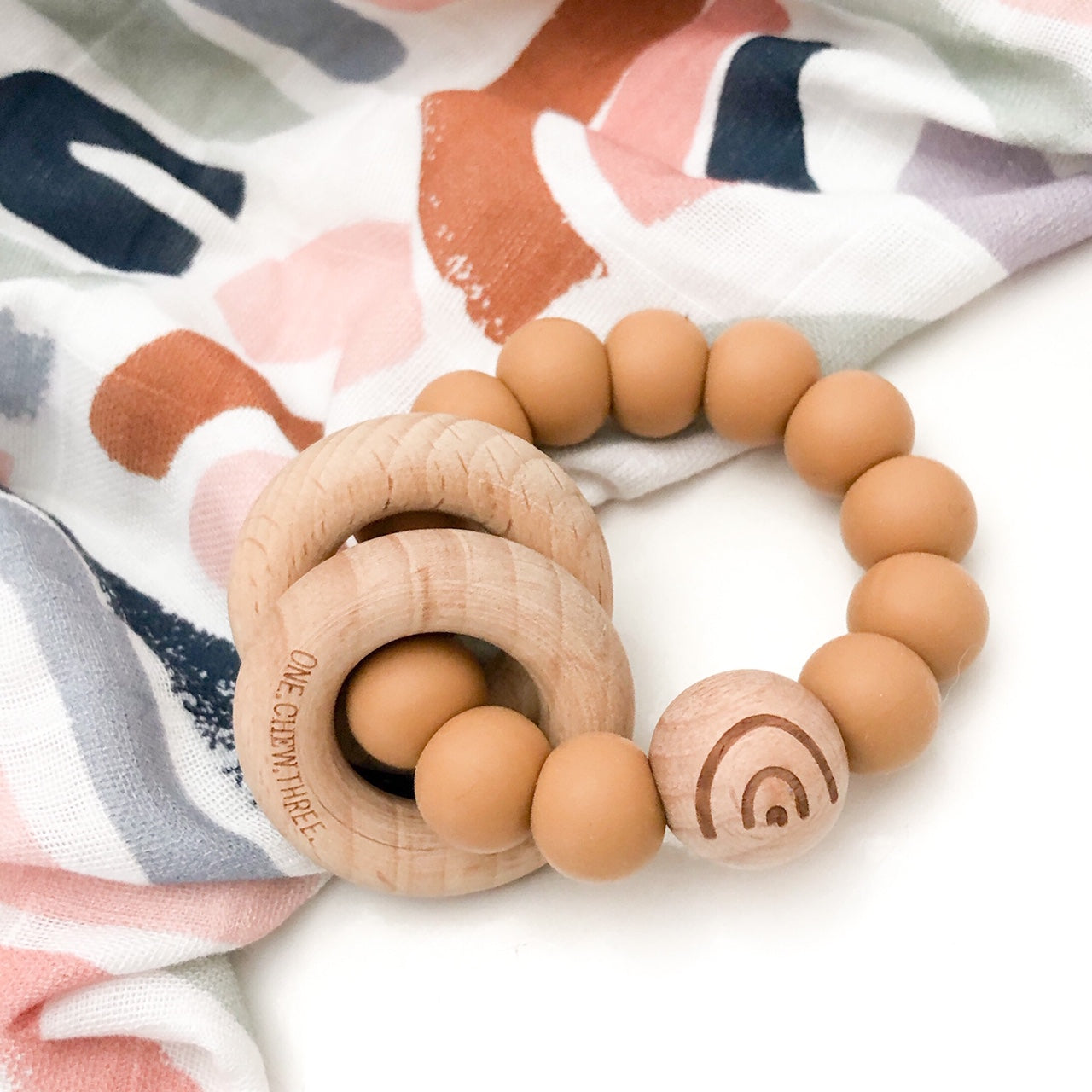 One Chew Three Elements Silicone/Beech Wood Teether - Caramel