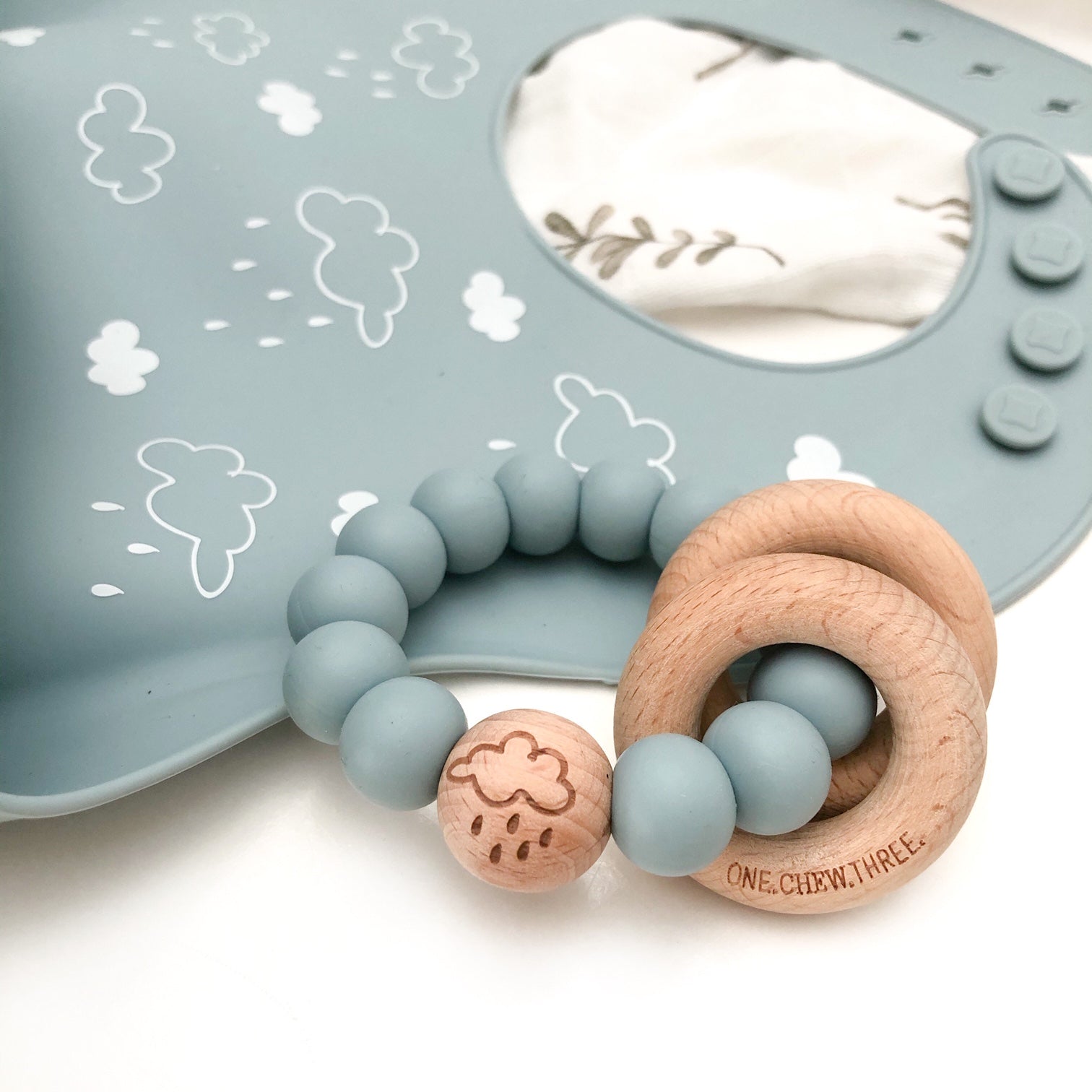One Chew Three Elements Silicone/Beech Wood Teether - Clouds
