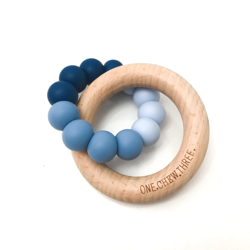 One Chew Three Duo Silicone and Beech Wood Teether (Ombre) - Blue Ombre