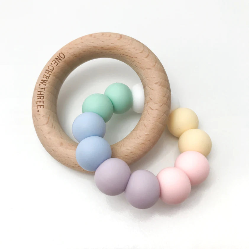 One Chew Three Duo Silicone and Beech Wood Teether (Ombre) - Pastel Rainbow