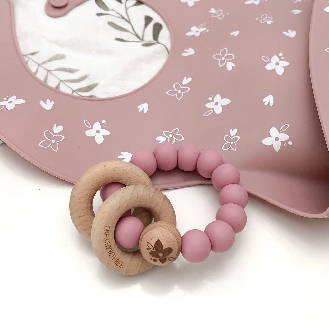 One Chew Three Elements Silicone/Beech Wood Teether - Rose