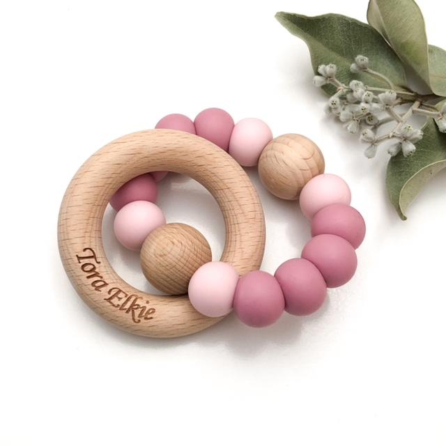 One Chew Three Single Rattle Silicone/Beech Wood Teether - Dusky Rose with Pink