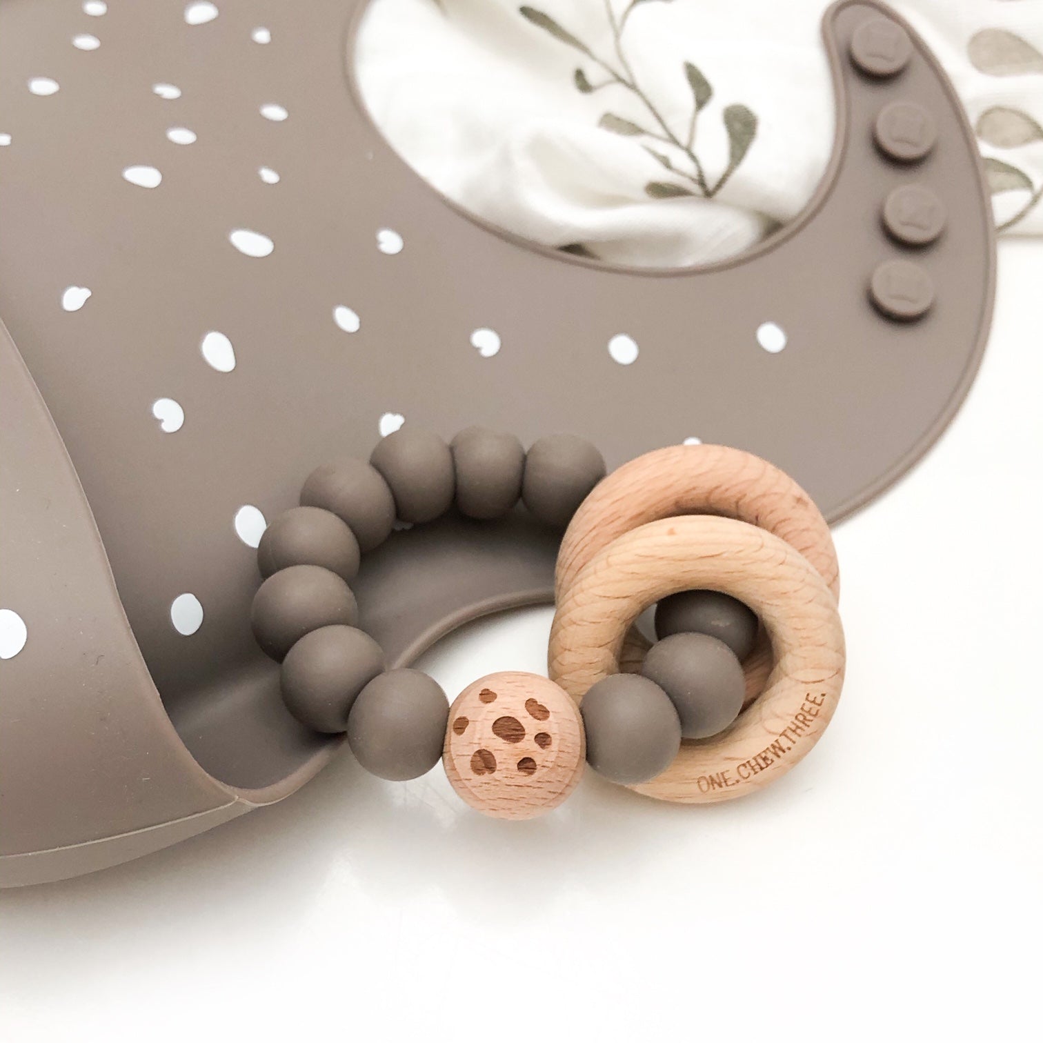 One Chew Three Elements Silicone/Beech Wood Teether - Stone