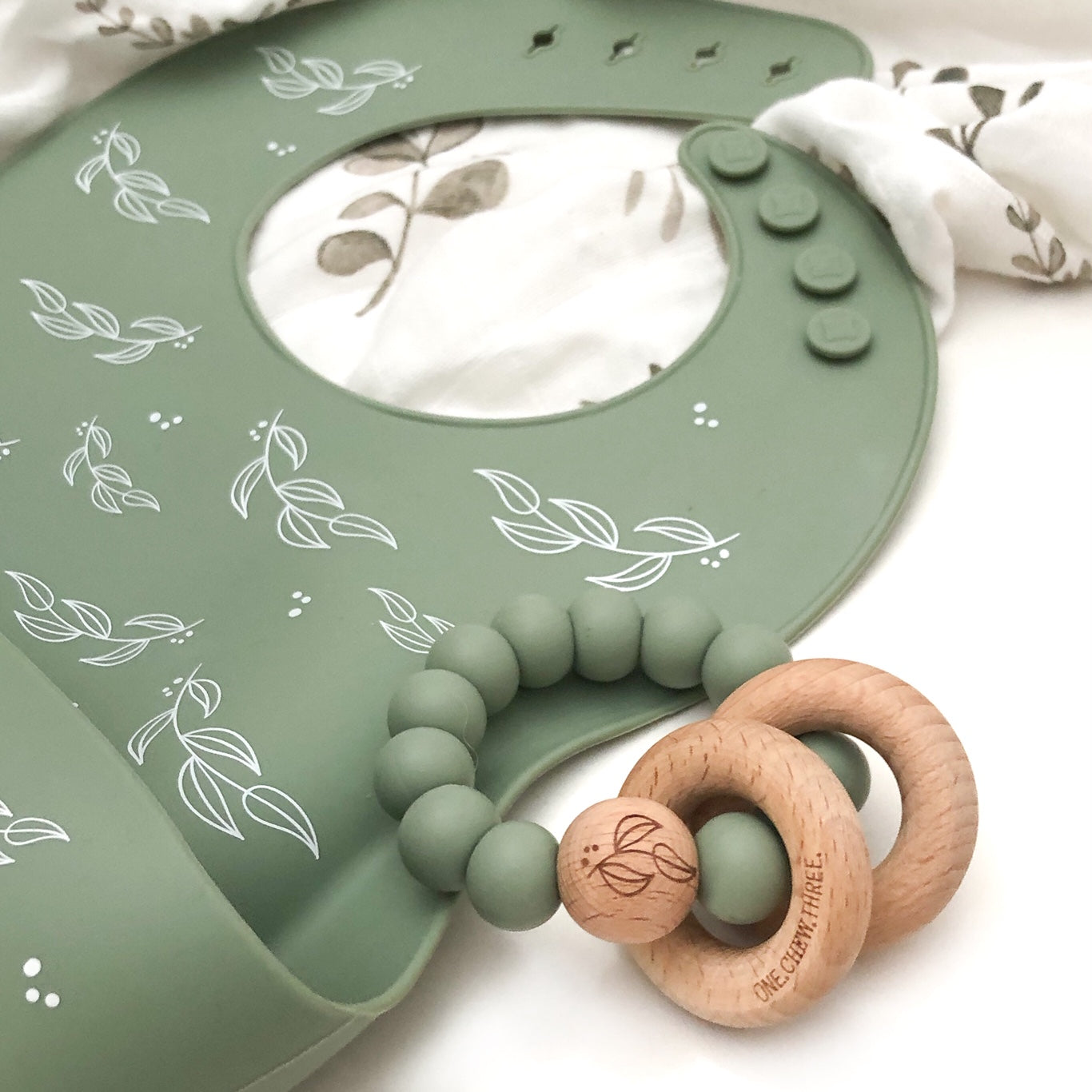 One Chew Three Elements Silicone/Beech Wood Teether - Sage